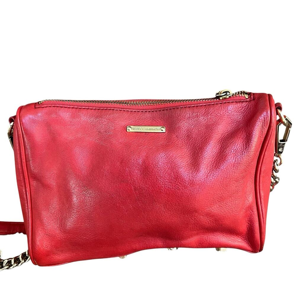 Rebecca Minkoff Orange Red Leather Crossbody Bag 4 Zipper Gold Chain Pockets - Picture 8 of 16